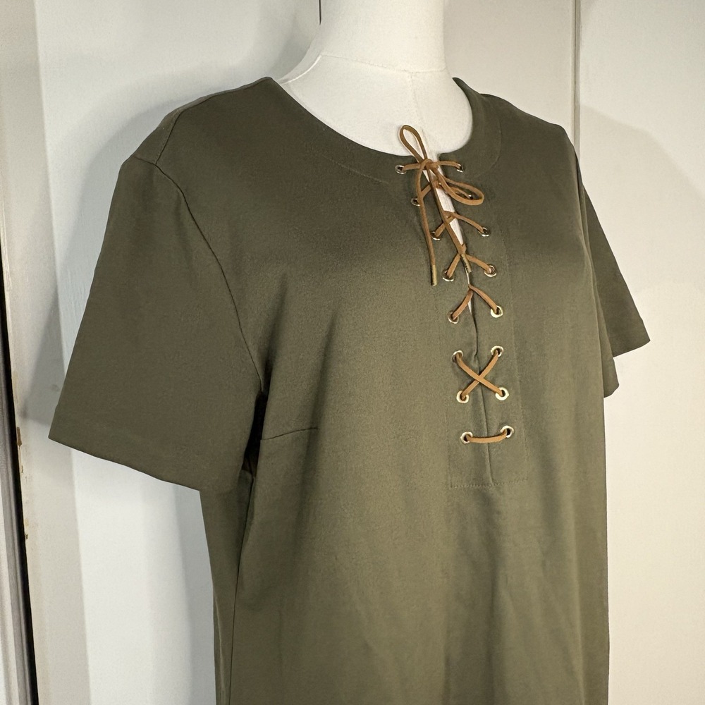 LAUREN RALPH LAUREN WOMENS DRESS SZ LARGE OLIVE SHORT SLEEVE LACE UP ACCENT - Picture 3 of 9